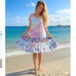 VTG 90s Jams World Tiered Patchwork Artsy Tropical Nostalgia Hattie Dress Small